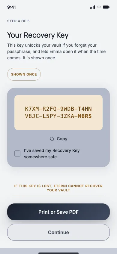The Recovery Key screen, which is shown once during setup
