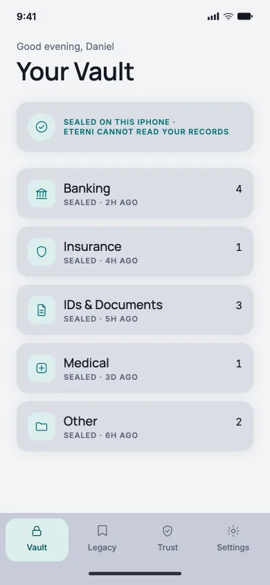 The Eterni vault home screen on iPhone