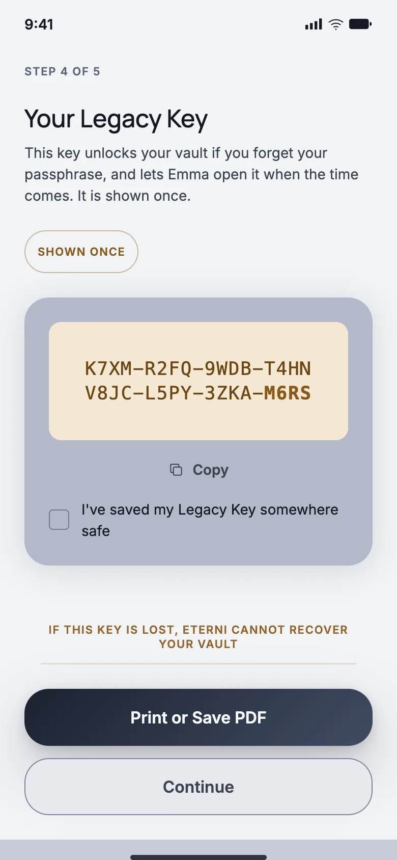 The Legacy Key screen, which is shown once during setup