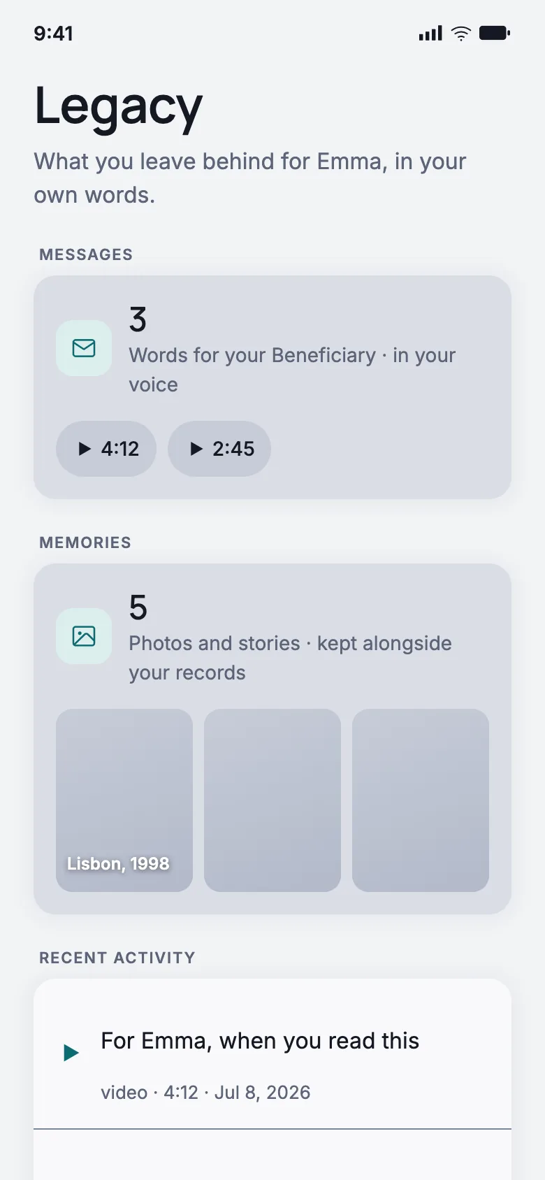 The Legacy hub, showing messages and memories
