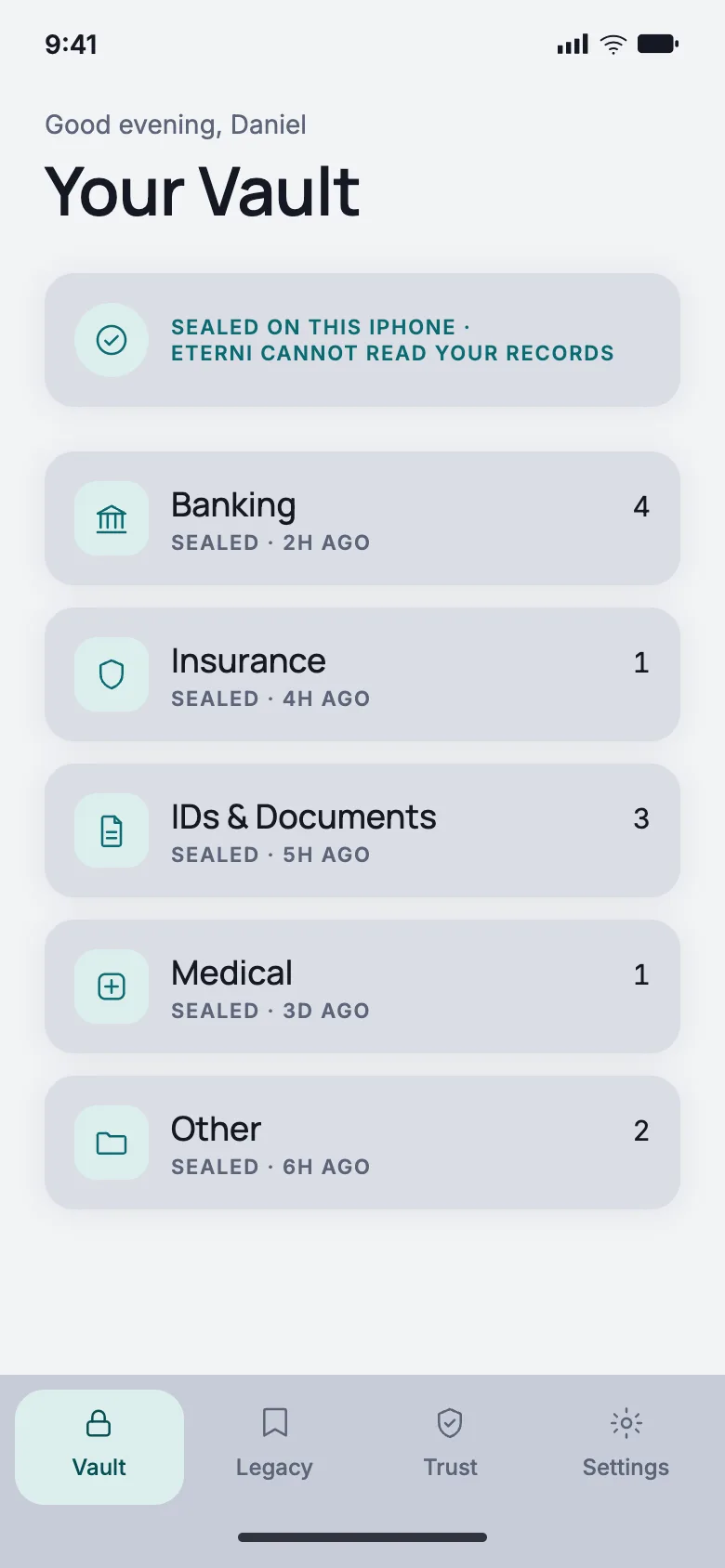 The Eterni vault home screen on iPhone